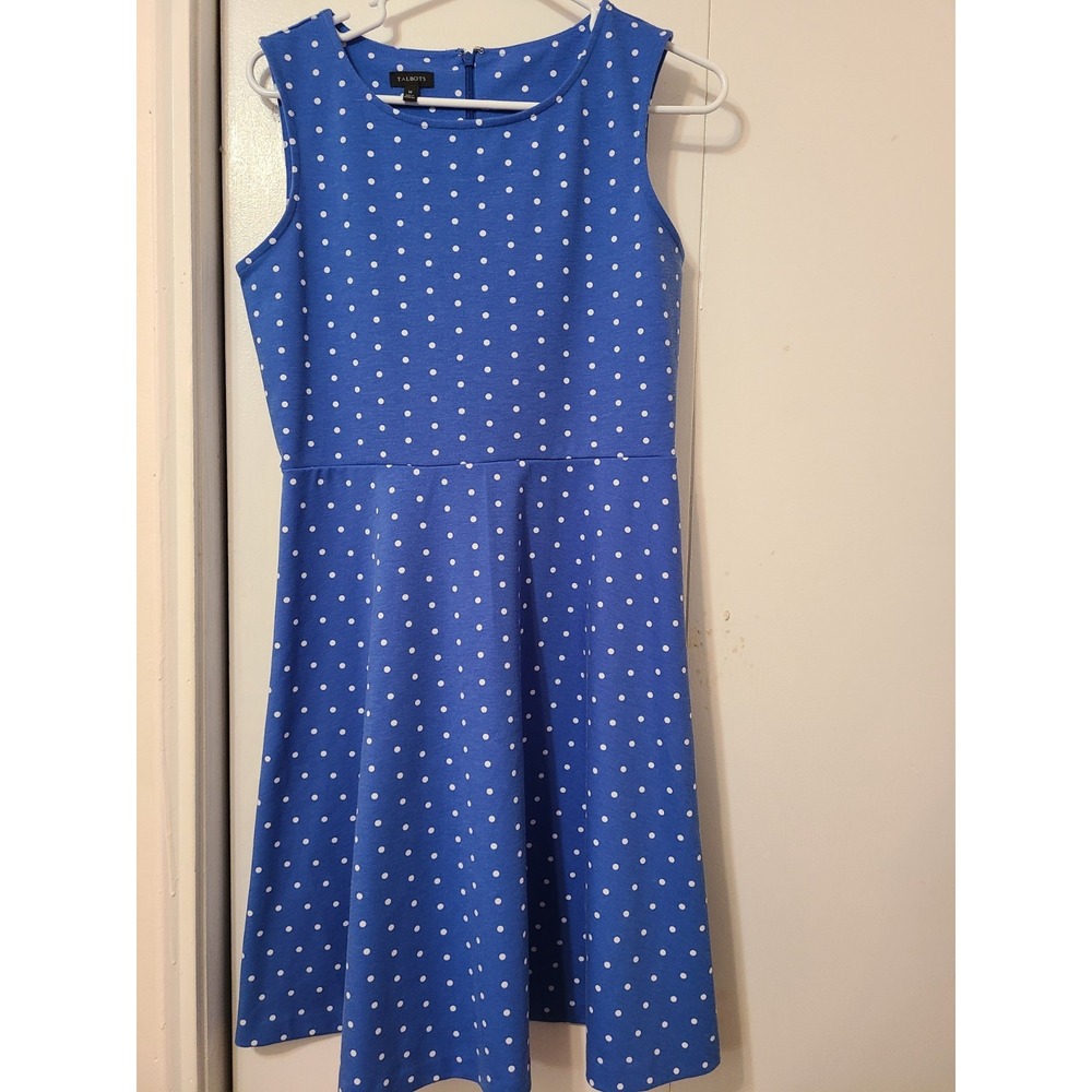Talbots Fit-and-flare Dress, Vibrant Blue Fabric White Polka Dot Pattern. Size M